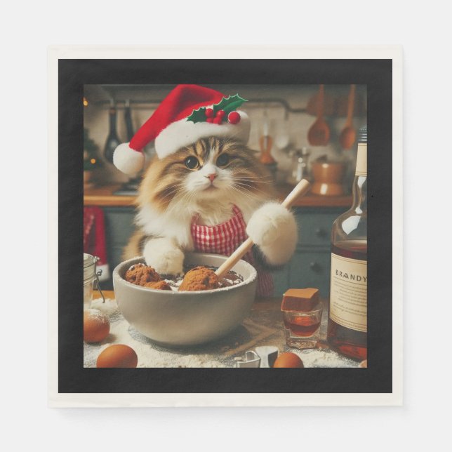 Fluffy cat baking boozy christmas pudding  pappersservett (Framsidan)