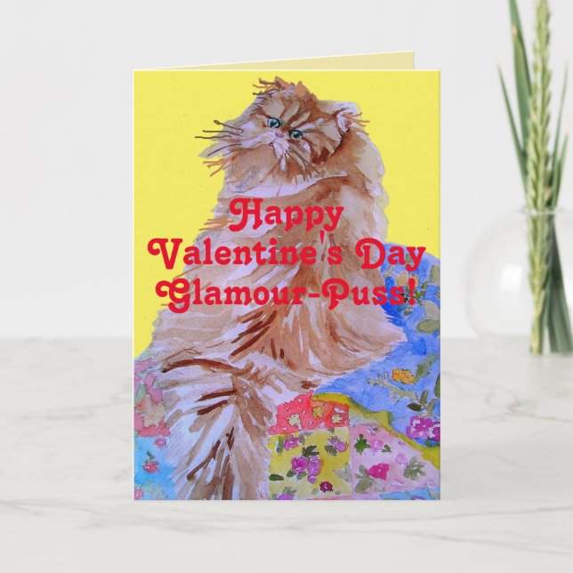 Fluffy Cat & Quilt Glamor-Puss Valentines day Kort (Framsida)