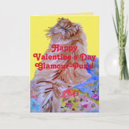 Fluffy Cat & Quilt Glamor-Puss Valentines day Kort
