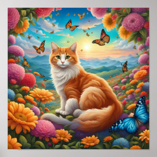 Fluffy Cat Sitta i Fält i Flowers Poster