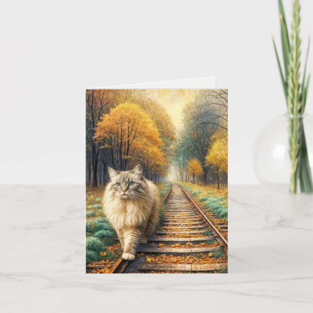 Fluffy Cat som går ut på järnvägar Kort (Framsida)