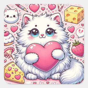 Fluffy Cats Valentine Heart Embrace Fyrkantigt Klistermärke