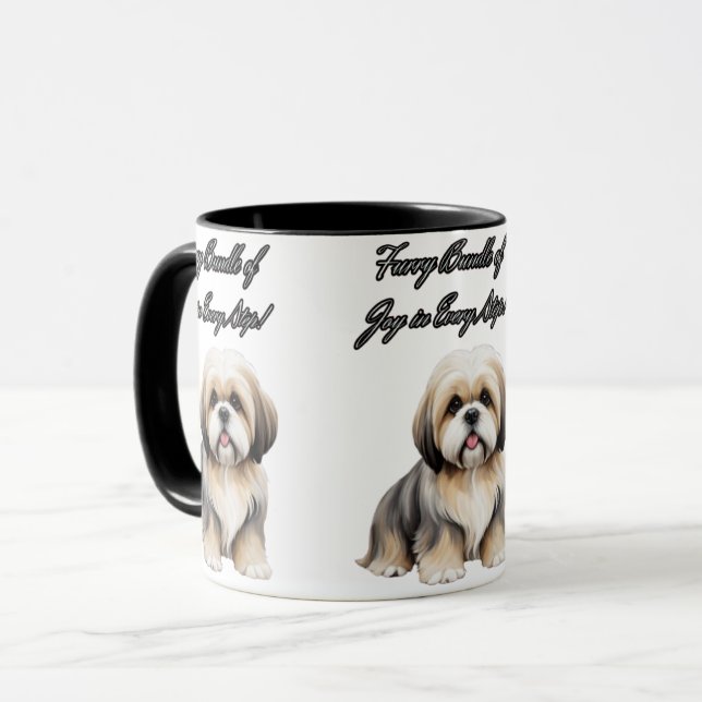 Fluffy Charm: Light Brown, Grått och White Hund Mugg (Framsida vänster)
