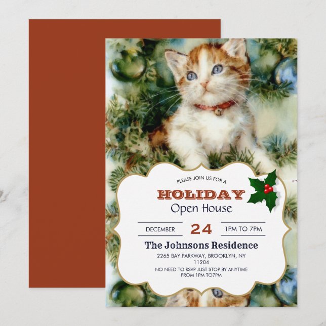 Fluffy christmas cat Watercolor Inbjudningar (Fram/baksida)