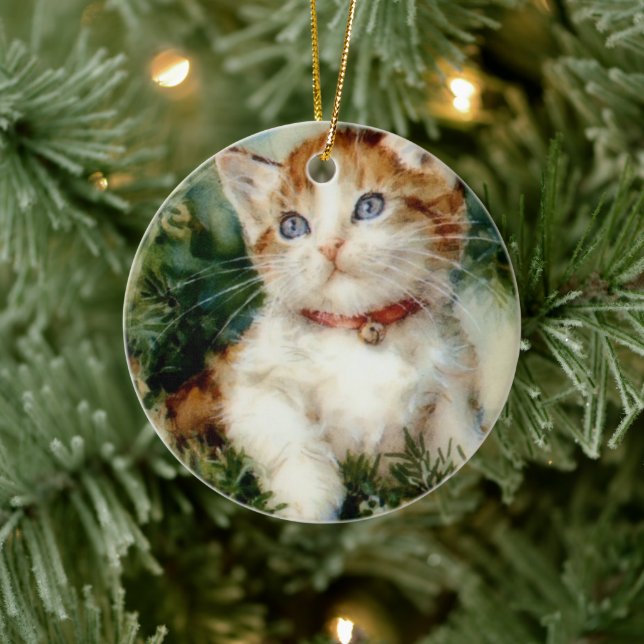 Fluffy christmas cat Watercolor Julgransprydnad Keramik (Träd)