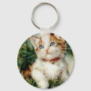 Fluffy christmas cat Watercolor Nyckelring