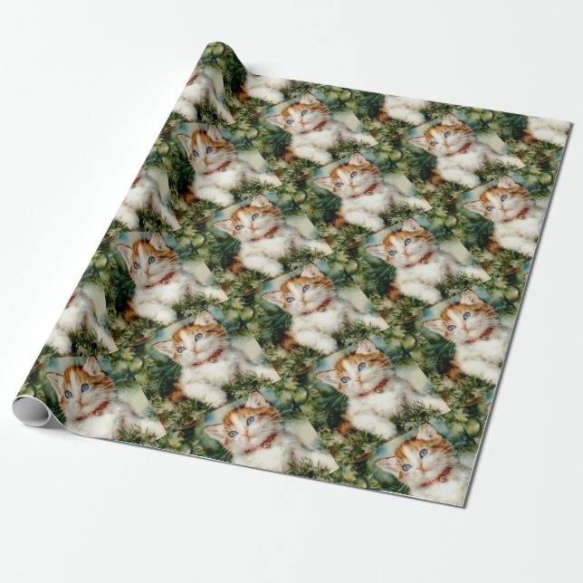 Fluffy christmas cat Watercolor Presentpapper (Utrullad)