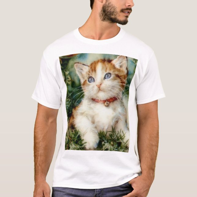 Fluffy christmas cat Watercolor T Shirt (Framsida)
