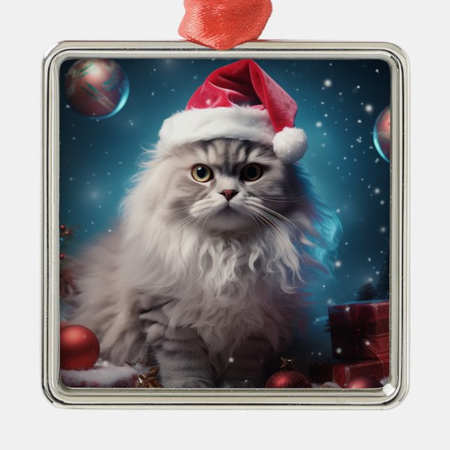 FLUFFY CHRISTMAS HELGDAG SILVER PERSIAN CAT JULGRANSPRYDNAD METALL (Framsidan)