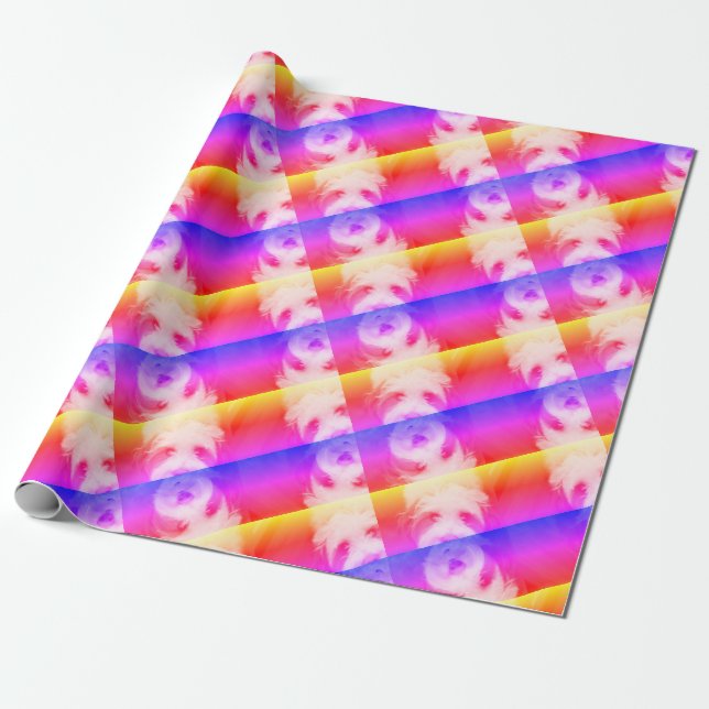 Fluffy dog repeat pattern with tropical brights presentpapper (Utrullad)