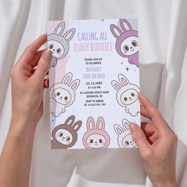 Fluffy Dolls Pastel Bunny Thmet Birthday Inbjudningar (Skapare uppladdad)