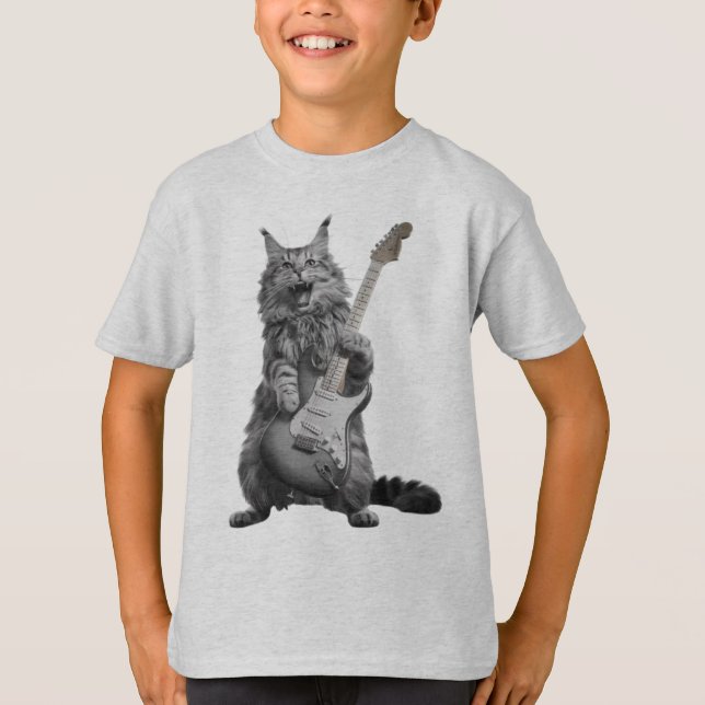 Fluffy Feline Rocker | Long-Haired Cat Guitarist T Shirt (Framsida)