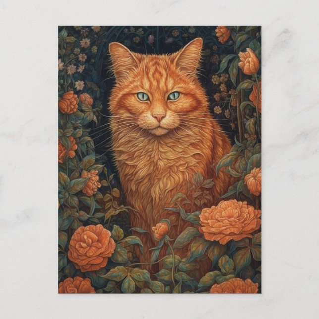 Fluffy Ginger Cat i blommorna Vykort (Framsida)