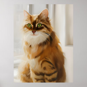 Fluffy Ginger Cat i fönstret Poster
