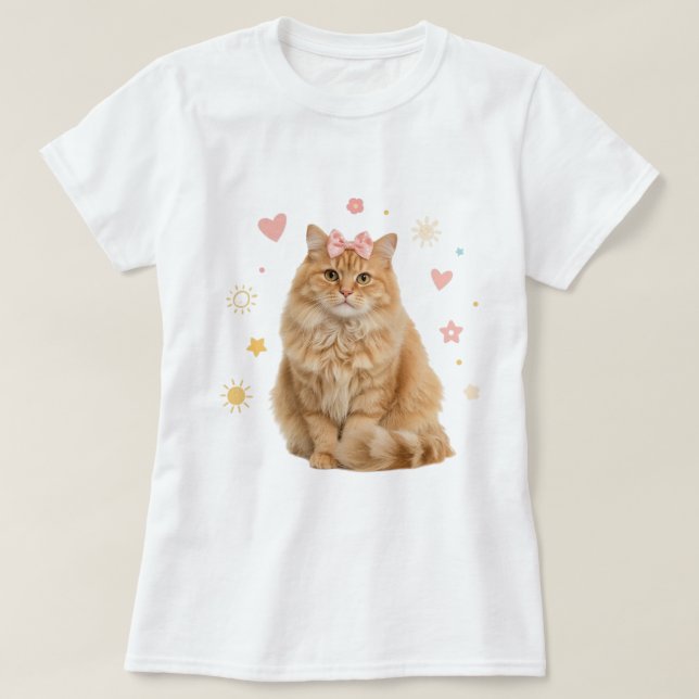 Fluffy Ginger Cat med Rosa Bow T Shirt (Design framsida)