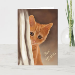 Fluffy Ginger Kitten Behind Curtain Kort