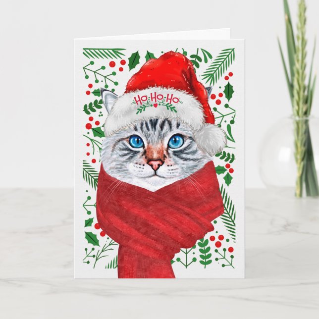 Fluffy Grått Cat i jultomten Meowy jul Helgkort (Framsida)