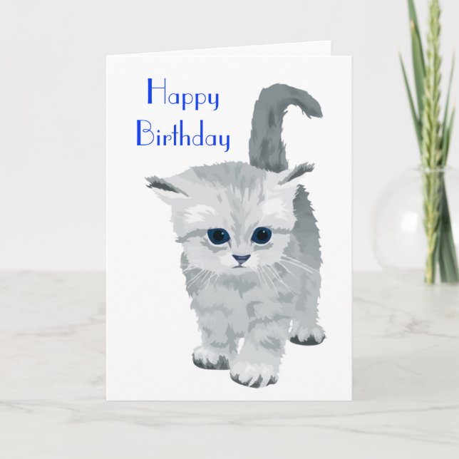 Fluffy Grått Kitten Birthday Kort (Framsida)