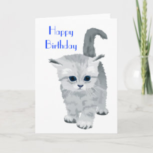 Fluffy Grått Kitten Birthday Kort
