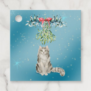 Fluffy Grått och vit katt under Märkrn Mistletoe G Gåvor Etiketter