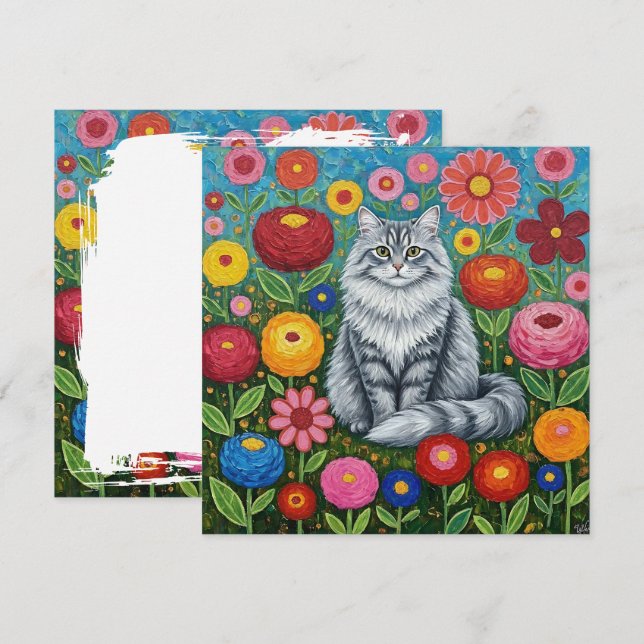Fluffy Grått Stripe Cat with Folk Art Flowers Kort (Fram/baksida)