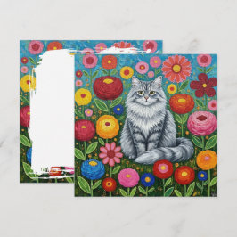 Fluffy Grått Stripe Cat with Folk Art Flowers Kort