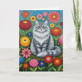 Fluffy Grått Stripe Cat with Folk Art Flowers Kort