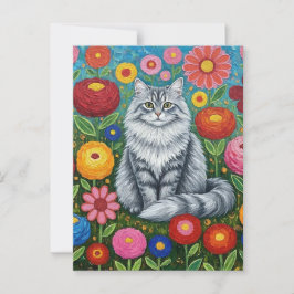 Fluffy Grått Stripe Cat with Folk Art Flowers Vykort