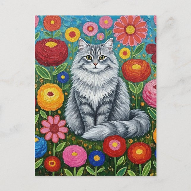 Fluffy Grått Stripe Cat with Folk Art Flowers Vykort (Framsida)