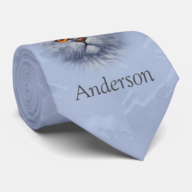 Fluffy Grått Tabby katt Kitten Ansikte Slips (Rullad)