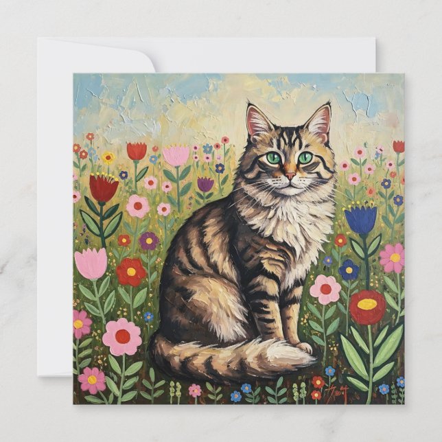 Fluffy Grått Tabby katt och Folk Art Flowers (Framsida)