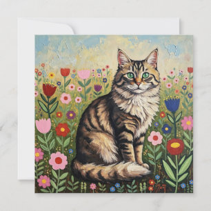 Fluffy Grått Tabby katt och Folk Art Flowers