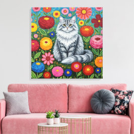 Fluffy Gray Striped Cat with Folk Art Flowers Canvastryck