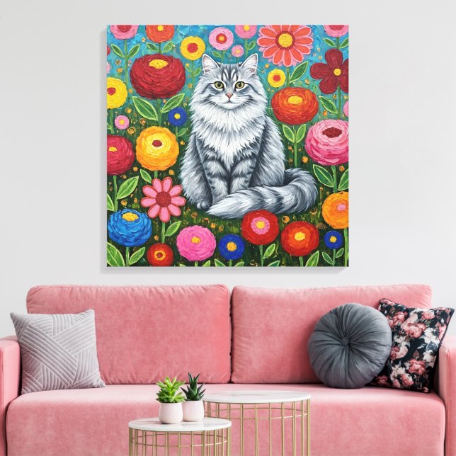 Fluffy Gray Striped Cat with Folk Art Flowers Canvastryck (Insitu (Vardagsrum))