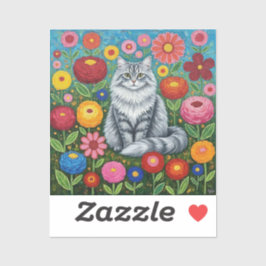 Fluffy Gray Striped Cat with Folk Art Flowers Klistermärken