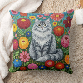 Fluffy Gray Striped Cat with Folk Art Flowers Kudde