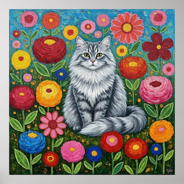 Fluffy Gray Striped Cat with Folk Art Flowers Poster (Framsidan)