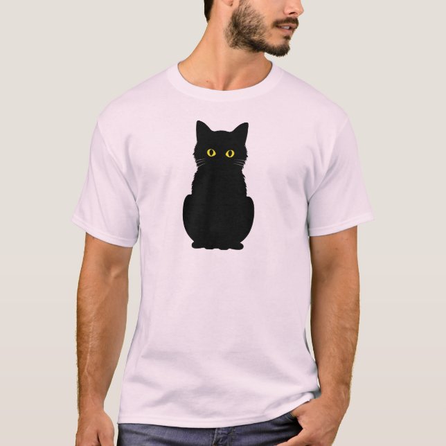 Fluffy Gult-Eyed Black Cat Halloween T Shirt (Framsida)