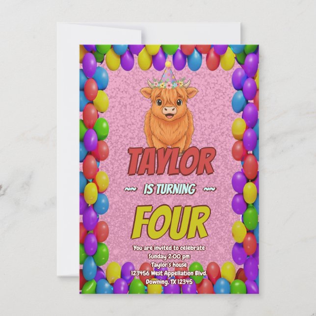 Fluffy Highland Cow Birthday Invite Inbjudningar (Framsida)