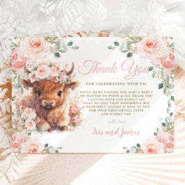 Fluffy Highland Cow Rosa  Blommigt Baby Shower Tack Kort
