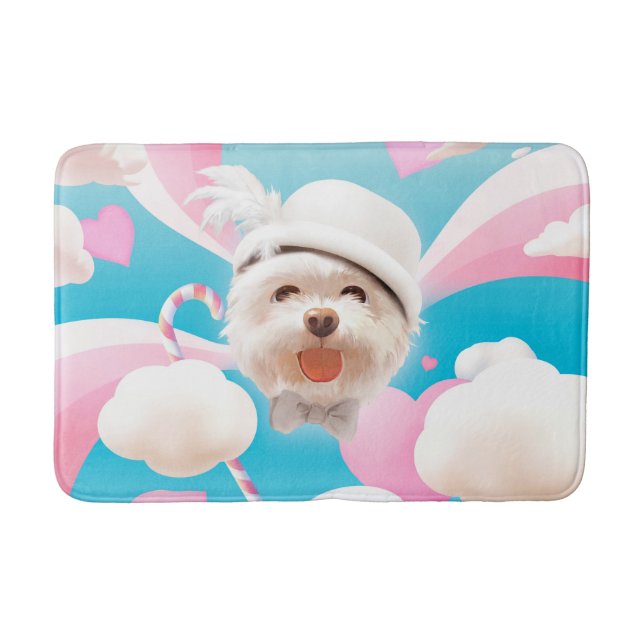 Fluffy-Hund med vit hatt Badrumsmatta (Framsidan)