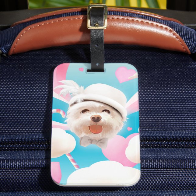 Fluffy-Hund med vit hatt Bagagebricka (Framsida Insitu 2)