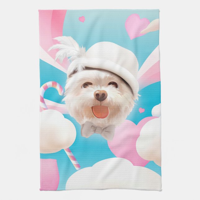 Fluffy-Hund med vit hatt Kökshandduk (Vertikal)
