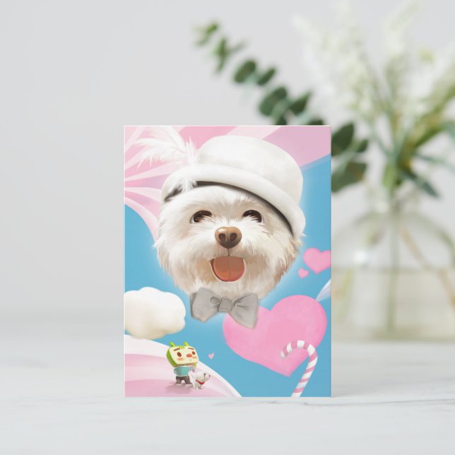 Fluffy-Hund med vit hatt Meddelande Vykort (Stående Fram)
