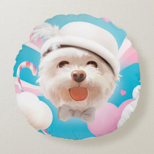 Fluffy-Hund med vit hatt Rund Kudde