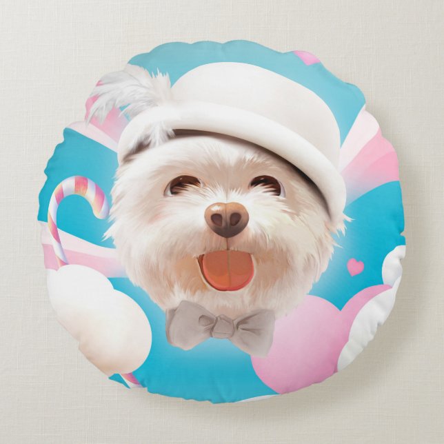 Fluffy-Hund med vit hatt Rund Kudde (Framsidan)