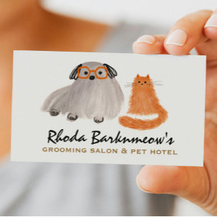 Fluffy Hund och Cat Whimsical Pet Sitter Groomer Visitkort