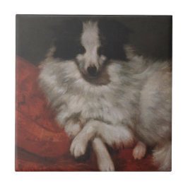 Fluffy Hund Sitta på en Cushion (Gustave Courbet) Kakelplatta