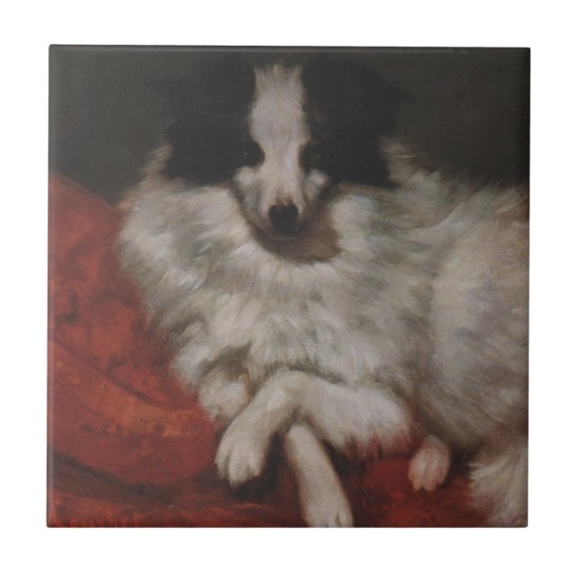 Fluffy Hund Sitta på en Cushion (Gustave Courbet) Kakelplatta (Framsidan)