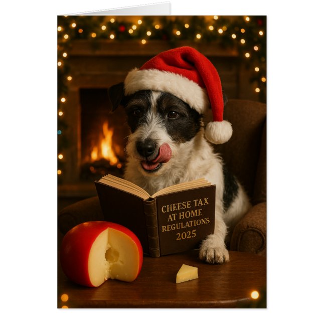 Fluffy Jack Russell  'Cheese Tax' Christmas card Hälsningskort (Framsidan)